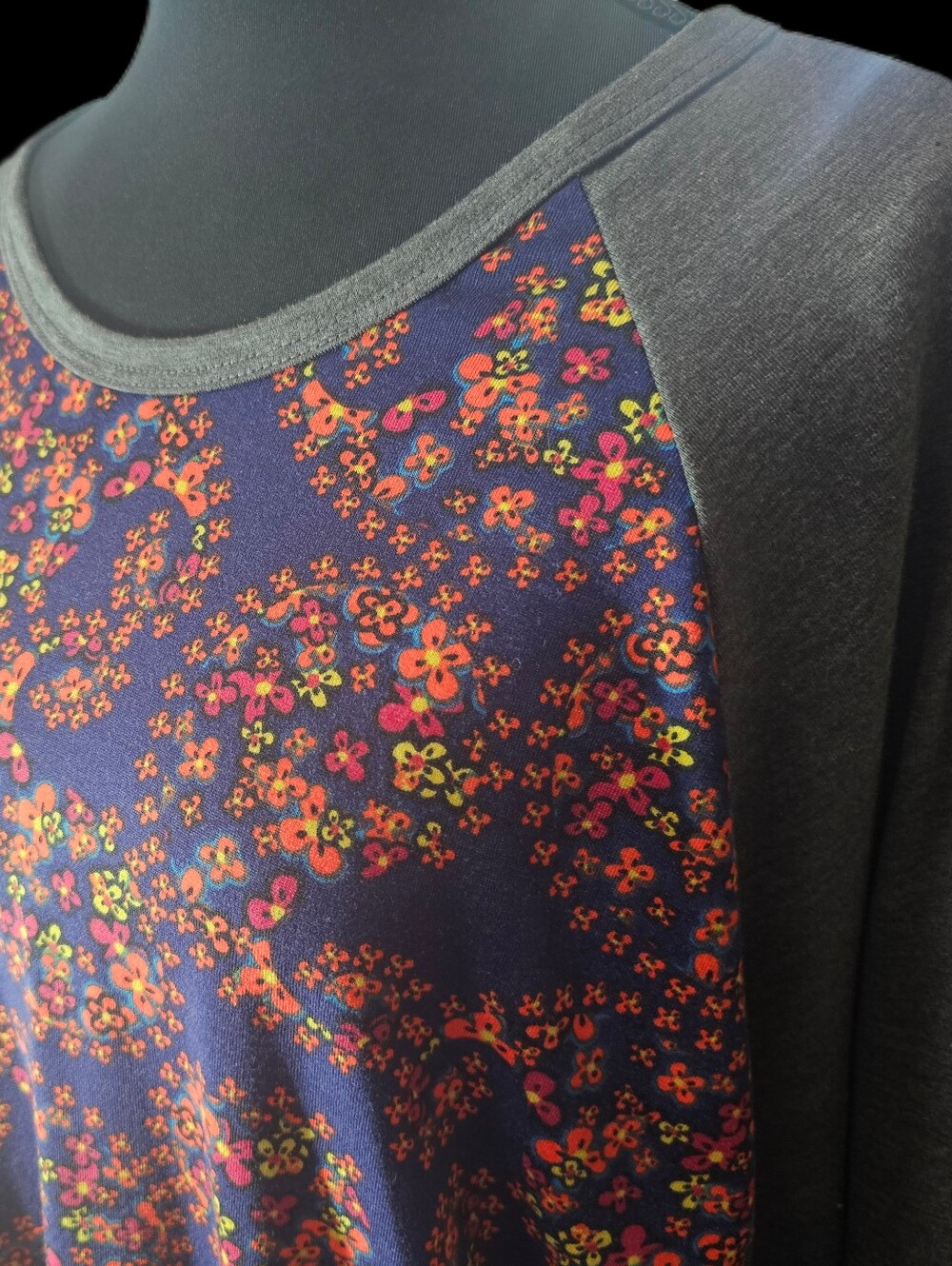LuLaRoe Navy Raglan Top with Pink & Orange Floral Print